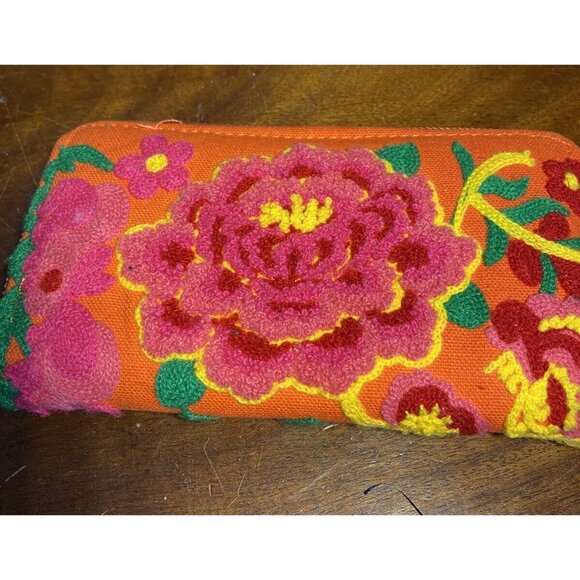 Embroidered Zip Around Wallet 8x4 Orange, Pink Boho Joyful 8"x4" - Picture 2 of 5